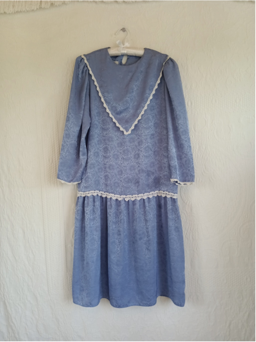 Vintage Jody California Blue Jacquard Drop Waist Dress 80s bib Lace romantic LG - Picture 12 of 12
